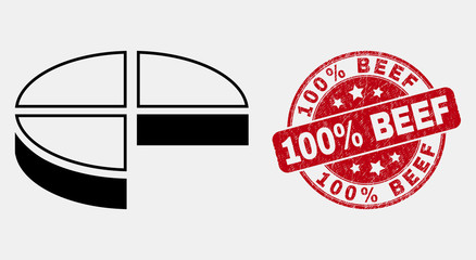 Vector outline pie chart pictogram and 100% Beef watermark. Blue rounded grunge watermark with 100% Beef caption. Black isolated pie chart symbol in outline style.