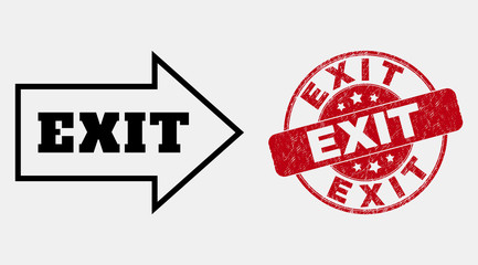 Vector line exit arrow pictogram and Exit seal. Blue round textured seal with Exit caption. Black isolated exit arrow pictogram in line style.