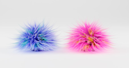 3d rendering. Two fluffy balls of blue and pink color lie on a plane, isolated by a white background. graphic illustration.