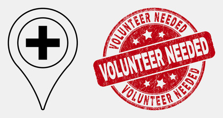 Vector stroke medical map marker pictogram and Volunteer Needed seal stamp. Blue round distress seal stamp with Volunteer Needed title. Black isolated medical map marker symbol in outline style.