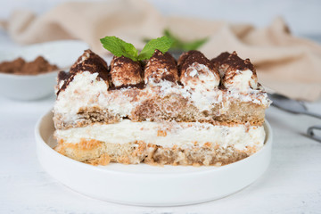 Homemade tiramisu cake on a light background