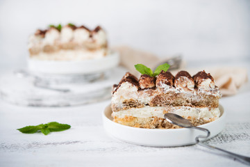Homemade tiramisu cake on a light background