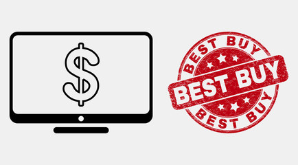 Vector line financial display pictogram and Best Buy seal. Blue rounded textured seal stamp with Best Buy caption. Black isolated financial display pictogram in line style.