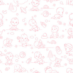 Little baby, child objects and toys seamless pattern.