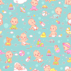 Little baby, child objects and toys seamless pattern.