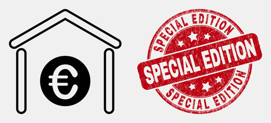Vector outline euro bank pictogram and Special Edition seal. Blue round grunge seal with Special Edition title. Black isolated euro bank pictogram in outline style.
