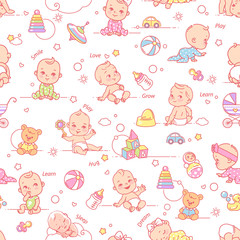 Little baby, child objects and toys seamless pattern.
