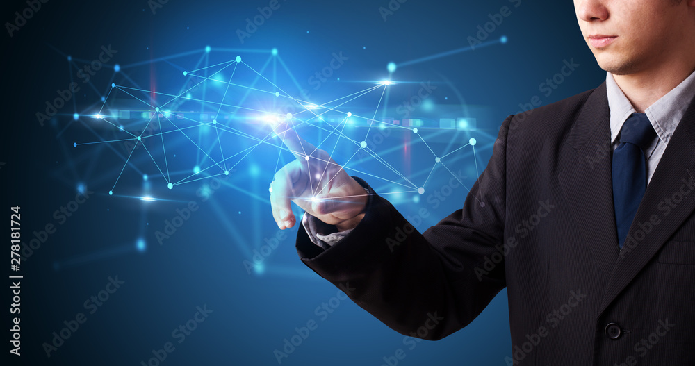 Poster Man touching hologram screen displaying modern web system