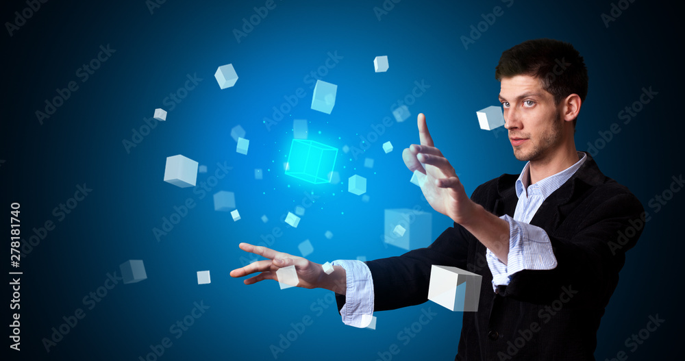 Aufkleber Man touching hologram screen displaying cube symbols
