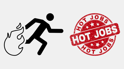 Vector linear person running away from fire pictogram and Hot Jobs seal stamp. Blue round textured seal stamp with Hot Jobs message. Black isolated person running away from fire icon in linear style.