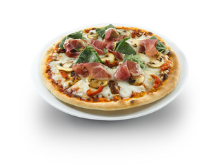 Ham and cheese pizza with mushrooms and ham. Pizza de jamón y queso con champiñones y jamón