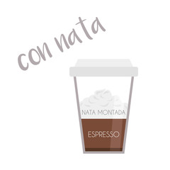 Vector illustration of an Espresso with Whipped Cream coffee cup icon with its preparation and proportions and names in spanish.