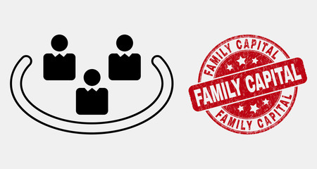 Vector stroke social ring pictogram and Family Capital seal. Blue rounded distress watermark with Family Capital message. Black isolated social ring pictogram in stroke style.