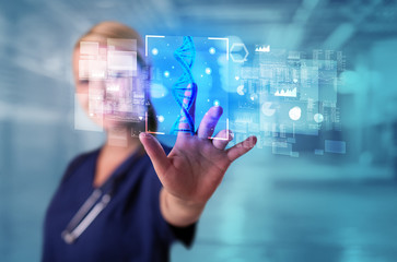 Doctor touching virtual screen with biology and genetic concept