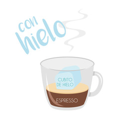 Vector illustration of an Espresso with ice coffee cup icon with its preparation and proportions and names in spanish.