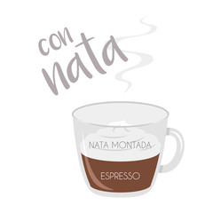Vector illustration of an Espresso with Whipped Cream coffee cup icon with its preparation and proportions and names in spanish.
