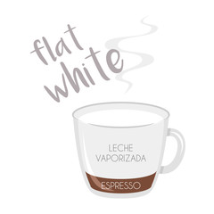 Vector illustration of a Flat White coffee cup icon with its preparation and proportions and names in spanish.