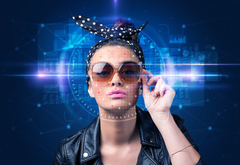 Biometric verification - woman face detection, high technology concept