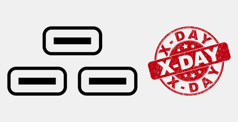 Vector contour bricks pictogram and X-Day seal. Blue round scratched seal stamp with X-Day message. Black isolated bricks symbol in contour style.