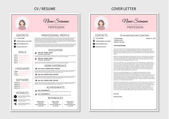 Resume template for women. Modern CV and cover letter layout with infographic. Minimalistic  curriculum vitae design. Employment vector illustration. - obrazy, fototapety, plakaty