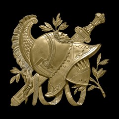 Golden decorative element of the interior with the image of the helmet from the ancient Greek myth....
