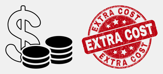 Vector stroke cash icon and Extra Cost seal stamp. Blue round distress seal stamp with Extra Cost phrase. Black isolated cash icon in contour style.