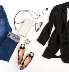 Women fashion clothes and accessories top view background. Flat lay female autumn style look with ...
