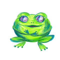 Cute frog with big eyes on white background. Painting, acrylic. Design for holiday cards, t-shirts, bags.