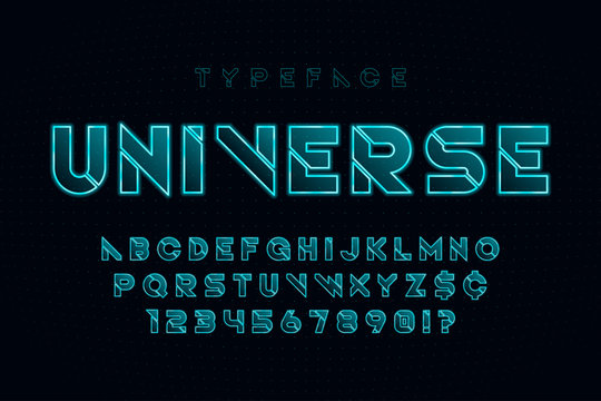 Glowing futuristic sci-fi alphabet, creative characters set.