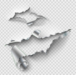 Torn ripped metal vector template, sides with ripped steel on realistic transparent background.