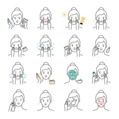 Daily skin care, beauty treatment vector icons set