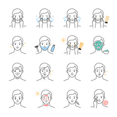 Men skin problems and care, beauty treatment vector icons set