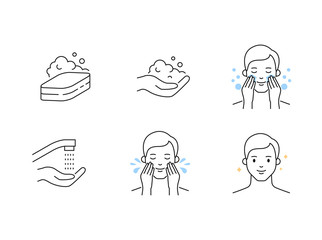 Men's skin care cleansing outline vector icons