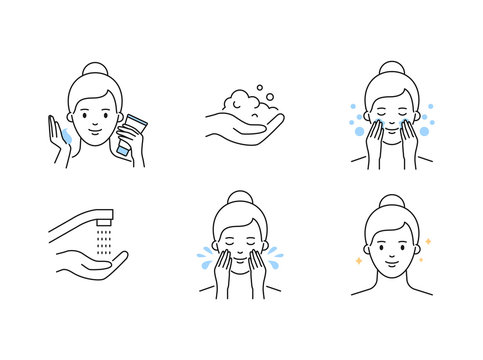 Women's skin care cleansing outline vector icons
