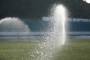 Watering lawn in the sunrise stadium