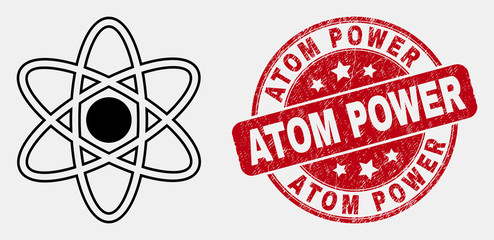 Vector contour atom model icon and Atom Power seal stamp. Blue round scratched seal stamp with Atom Power caption. Black isolated atom model icon in contour style.