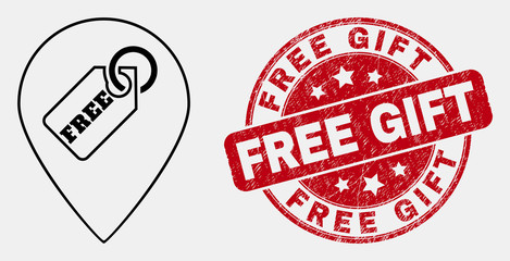 Vector stroke free tag marker icon and Free Gift seal stamp. Blue round textured seal stamp with Free Gift title. Black isolated free tag marker icon in outline style.