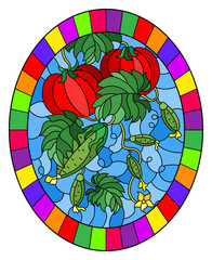 Illustration in stained glass style with vegetable composition, ripe tomatoes, cucumbers and leaves on a blue background, oval image in bright frame