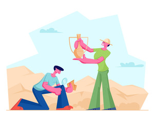 Archeologists Found Ancient Items Crock Jug, Scientists Working on Excavations or Digging Soil Layers and Exploring Artifacts. Students Studying Prehistory Ages. Cartoon Flat Vector Illustration