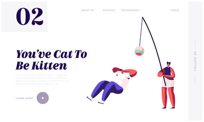 People Spend Time with Pet. Tiny Man Relaxing, Woman Character Holding Huge Cat Toy to Play, Leisure, Love, Care of Animals Website Landing Page, Web Page. Cartoon Flat Vector Illustration, Banner