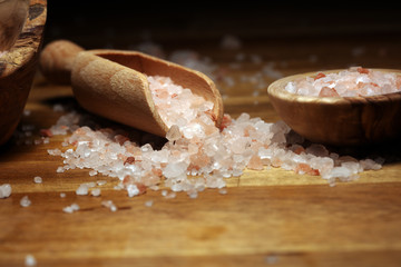 Natuaral cosmetics with pink himalayan spa salt. Sea bath salt for healthy spa relaxation