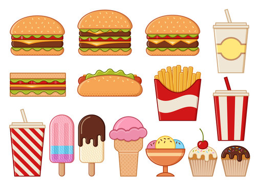 Fast food icons isolated. Vector. Set unhealthy meal on white background. Linear restaurant snacks in flat design. Junk colorful cooking elements. Burger, hot dog, fries and sandwich.