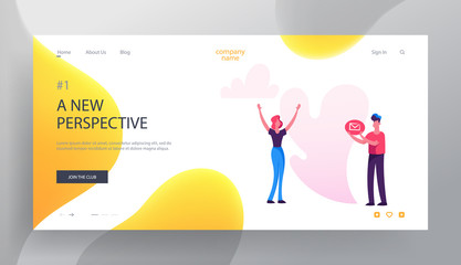 Social Blog Website Landing Page, Woman Stand with Hands Up Man Hold Email Envelope Icon, Blogging, Profile Accounting Social Media Concept for Web Page. Cartoon Flat Vector Illustration, Banner