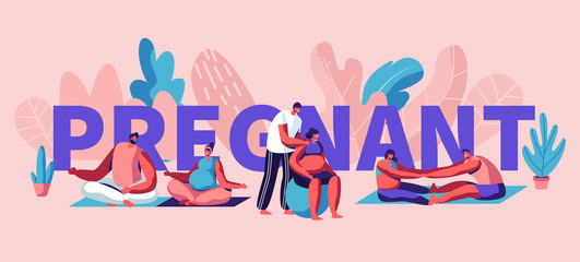 Happy Couples Waiting Baby and Exercising in Gym Concept. Pregnant Women Husbands Fitness Sports Activity. Fitball, Yoga, Relaxing, Poster, Banner, Flyer, Brochure. Cartoon Flat Vector Illustration