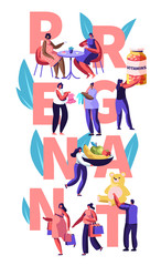 Female Characters Happy Pregnancy Concept. People Hold Vitamins, Baby Toys, Healthy Nutrition, Pregnant Women Meet in Cafe, Shopping. Poster, Banner, Flyer, Brochure. Cartoon Flat Vector Illustration