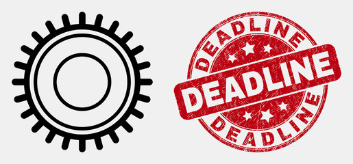 Vector linear gear icon and Deadline seal stamp. Blue rounded distress seal stamp with Deadline text. Black isolated gear pictogram in stroke style.