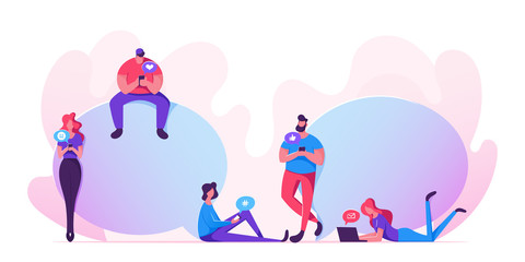 Young Men and Women with Smartphones, Laptops and Gadgets Chatting, Texting, Walking. Communicating People Crowd Using Internet Services, Smart Technologies in Life. Cartoon Flat Vector Illustration