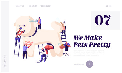 Pet Hair Salon Website Landing Page, Styling and Grooming Shop, Tiny Characters on Ladders Care of Poodle Puppy, Cut and Drying Wool, Comb, Perfume, Web Page. Cartoon Flat Vector Illustration, Banner