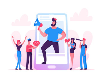 Blogging, Social Media Networking Concept. Huge Man with Megaphone Stand at Smartphone Screen, People Watching Broadcasting, Streaming Video Post, Blogger Character. Cartoon Flat Vector Illustration