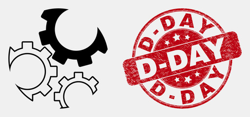 Vector contour gears icon and D-Day seal. Blue round grunge seal stamp with D-Day caption. Black isolated gears pictogram in stroke style.